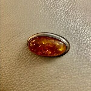 Vintage Amber Brooch Gorgeous Oval Amber with Silver Band